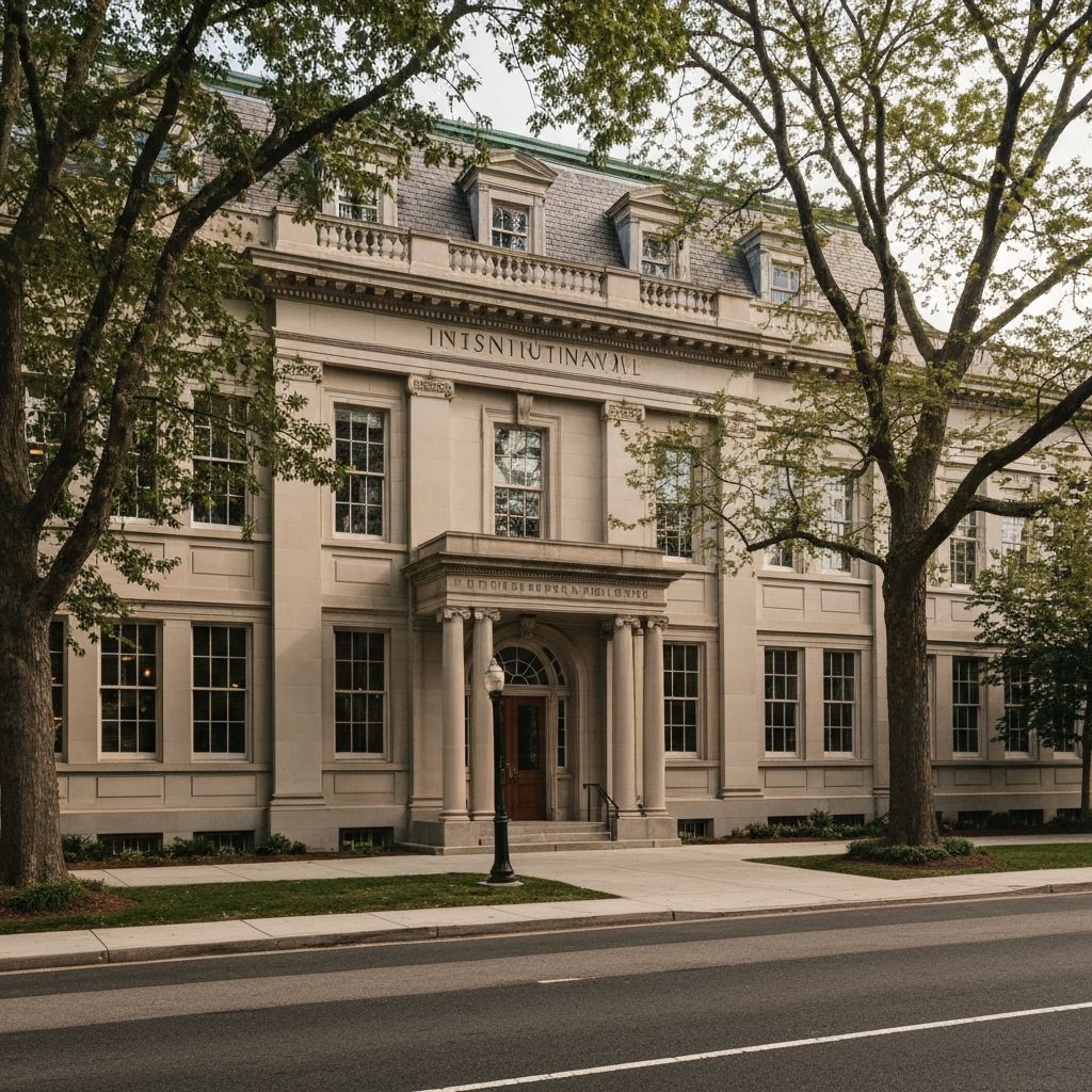 Bangunan institusional yang megah sebagai simbol kebijaksanaan dan stabilitas