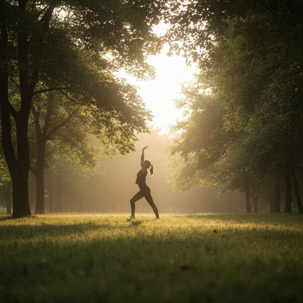 Seseorang melakukan yoga di luar ruangan di pagi hari