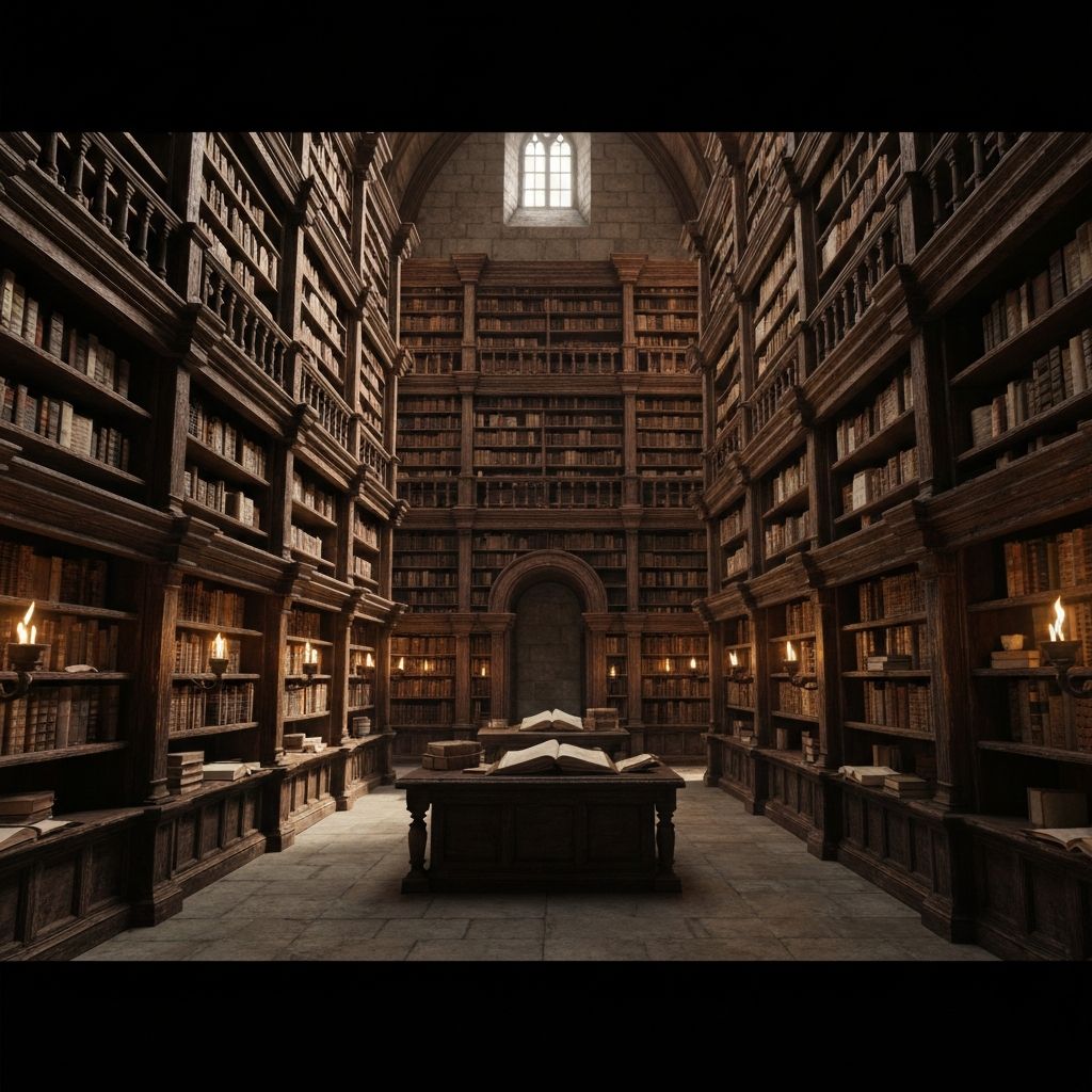 Interior perpustakaan tua dengan rak buku dan cahaya hangat